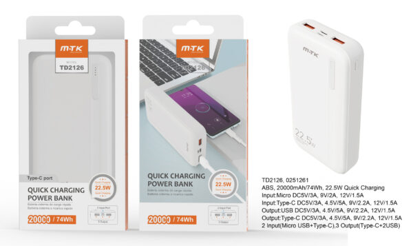 Bateria externa 20000mAh Power Bank TD2126 BL PowerBank  Hazel  20000mAh/74Wh, Carga Rapida 22.5w, 2entrada(Micro USB+Type-C), 3salida(Type-C+2USB), Blanco