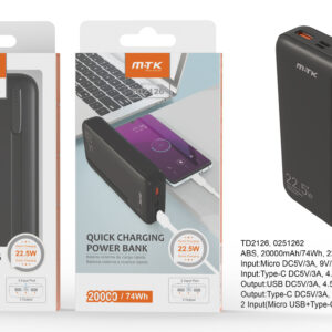 Bateria externa 20000mAhPower Bank TD2126 NE PowerBank  Hazel  20000mAh/74Wh, Carga Rapida 22.5w, 2entrada(Micro USB+Type-C), 3salida(Type-C+2USB), Negro