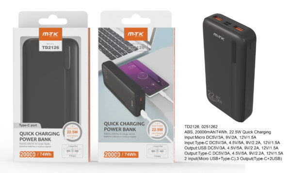 Bateria externa 20000mAhPower Bank TD2126 NE PowerBank  Hazel  20000mAh/74Wh, Carga Rapida 22.5w, 2entrada(Micro USB+Type-C), 3salida(Type-C+2USB), Negro