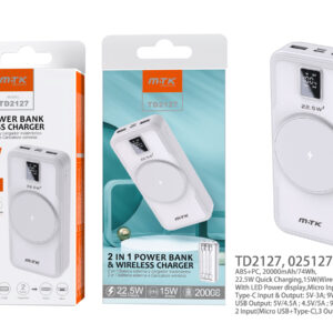 Bateria externa 20000mAh Power Bank TD2127 BL PowerBank Hazel 20000mAh, Carga Rapida 22.5w y Carga inalambrico 15w , 2entrada(Micro U