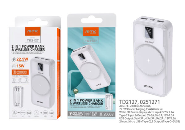 Bateria externa 20000mAh Power Bank TD2127 BL PowerBank Hazel 20000mAh, Carga Rapida 22.5w y Carga inalambrico 15w , 2entrada(Micro U
