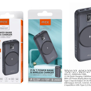 Bateria externa 20000mAh Power Bank TD2127 NE PowerBank  Hazel  20000mAh, Carga Rapida 22.5w y Carga  inalambrico 15w , 2entrada(Micro USB+Type-C), 3salida(Type-C+2USB), Negro
