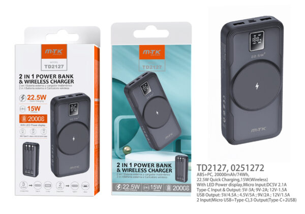 Bateria externa 20000mAh Power Bank TD2127 NE PowerBank  Hazel  20000mAh, Carga Rapida 22.5w y Carga  inalambrico 15w , 2entrada(Micro USB+Type-C), 3salida(Type-C+2USB), Negro
