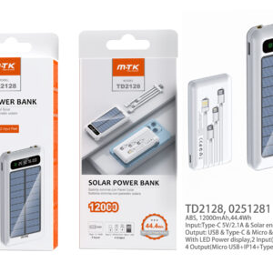 Bateria Externa 12000mAh TD2128 BL PowerBANK AYA con Panel Solar  con luz de indicador 12000mAh/44.4Wh,2Entrada(Type-C+USB2.0), 4Salida con cable(Micro USB+Iphone+Type-C+USB2.0), Blanco