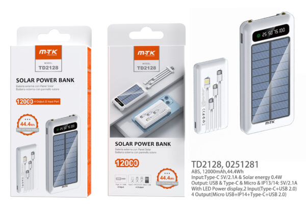Bateria Externa 12000mAh TD2128 BL PowerBANK AYA con Panel Solar  con luz de indicador 12000mAh/44.4Wh,2Entrada(Type-C+USB2.0), 4Salida con cable(Micro USB+Iphone+Type-C+USB2.0), Blanco