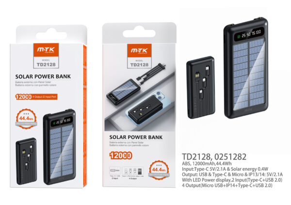 Bateria Externa 12000mAh TD2128 NE PowerBANK AYA con Panel Solar  con luz de indicador 12000mAh/44.4Wh,2Entrada(Type-C+USB2.0), 4Salida con cable(Micro USB+Iphone+Type-C+USB2.0), Negro