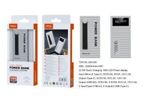 Bateria Externa 12000mAh Power Bank TD2129 BL PowerBack con luz de indicador, Soporta Carga rapida 22.5W/12000mAh/44.4Wh, 2 Entrada(Type-C+Micro), 3 Salida(Type-C+USB2.0*2), Blanco