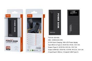 Bateria Externa 12000mAh Power Bank TD2129 NE PowerBack con luz de indicador, Soporta Carga rapida 22.5W/12000mAh/44.4Wh, 2 Entrada(Type-C+Micro), 3 Salida(Type-C+USB2.0*2), Negro