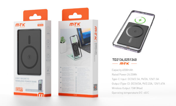 Bateria Externa 6500mAh TD2134 luxury PowerBank Magneticos 2 in 1 6500mAh/24.05Wh. Con Carga Inalambrica 15W Max. Borde Plata+Negro
