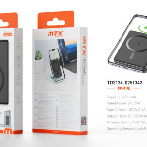 Bateria Externa 6500mAh TD2134 luxury PowerBank Magneticos 2 in 1 6500mAh/24.05Wh. Con Carga Inalambrica 15W Max. Negro
