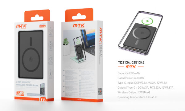 Bateria Externa 6500mAh TD2134 luxury PowerBank Magneticos 2 in 1 6500mAh/24.05Wh. Con Carga Inalambrica 15W Max. Negro