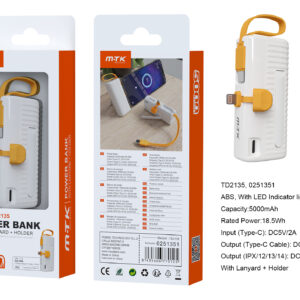 Bateria Externa 5000mAh TD2135 BL Powerbank  con indicador bateria 5000mAh/18.5Wh, 1 Entrada USB-C  y 2 salida Cable Type-C+Lightning),Blanco