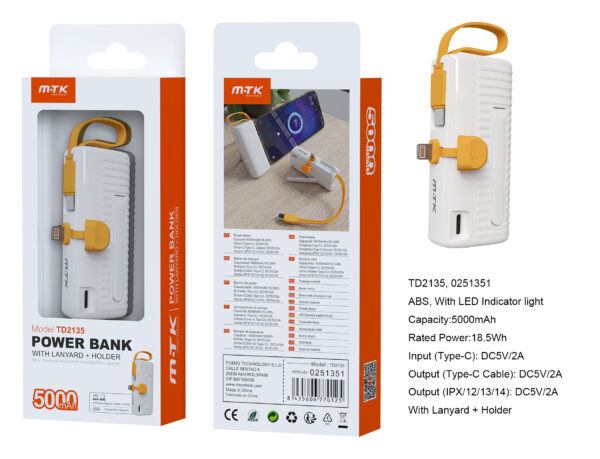Bateria Externa 5000mAh TD2135 BL Powerbank  con indicador bateria 5000mAh/18.5Wh, 1 Entrada USB-C  y 2 salida Cable Type-C+Lightning),Blanco