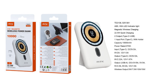 Bateria Externa 10000mAh TD2136 BL Powerbank con carga inalambrica 15W, Carga Rapida 22.5W 10000mAh/37Wh, Blanco