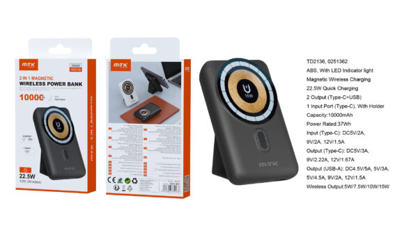 Bateria Externa 10000mAh TD2136 NE Powerbank con carga inalambrica 15W, Carga Rapida de cable 22.5W 10000mAh/37Wh, Negro