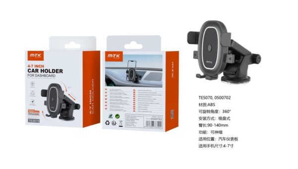Soporte Movil Coche Soporte de Coche Salpicadero TE5070 NE Soporte universal de movil para Salpicadero y Parabrisas , Brazo Extensible 90-140mm, 360° Giratoria ,Para Movil 4-7 Pulgadas,  Negro
