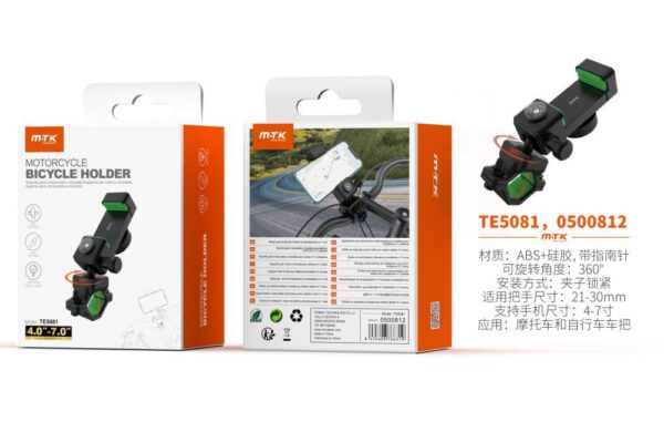 Soporte Movil Bicicleta, Moto, Patinete  TE5081 NE Soporte Universal de movil para Moto y Bici, Incluye Brujula, 360° Rotacion, 4-7 Pulgadas, Negro