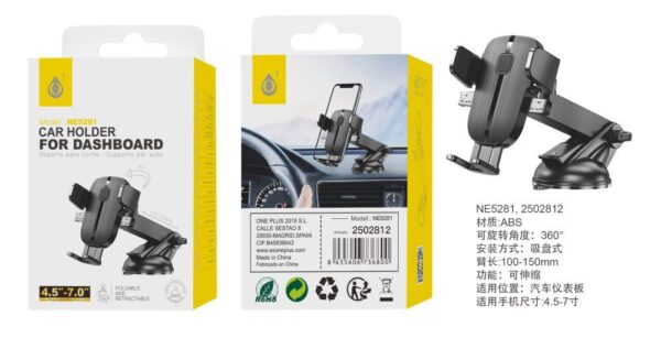 Soporte Movil Coche Soporte de Coche Salpicadero NE5281 NE Soporte Universal de Movil 4.5-7 Pulgada para Salpicadero y Parabrisa,  360° Rotacion,Blazo plegable 10-15cm, Negro