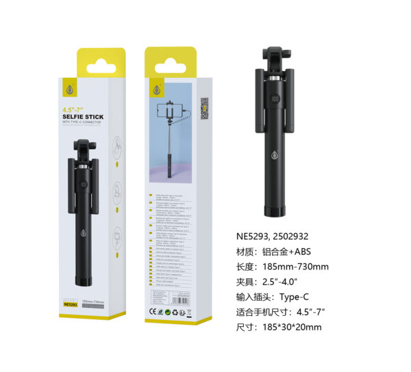 Palo Selfie NE5293 NE Palo Selfie con Cable Type-C, flexible 120°, Brazo18.5-73CM,  Para movil 4.5-7 Pulgadas, Blanco