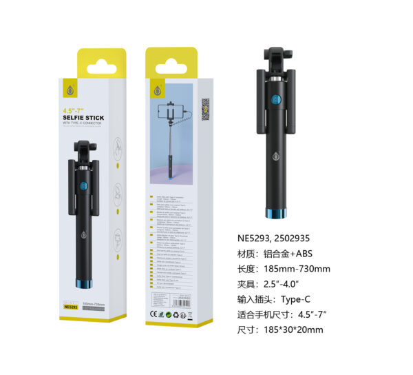 Palo Selfie NE5293 Palo Selfie con Cable Type-C, flexible 120°, Brazo18.5-73CM,  Para movil 4.5-7 Pulgadas, Negro+Azul