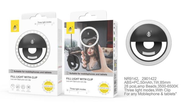 Aro de Luz  Anillo NR9142 NE Mini Anillo Luz LED con Clip Universal para Moviles, 3 Niveles de Brillo, Negro