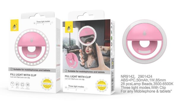 Aro de Luz  Anillo NR9142 RS Mini Anillo Luz LED con Clip Universal para Moviles, 3 Niveles de Brillo, Rosa