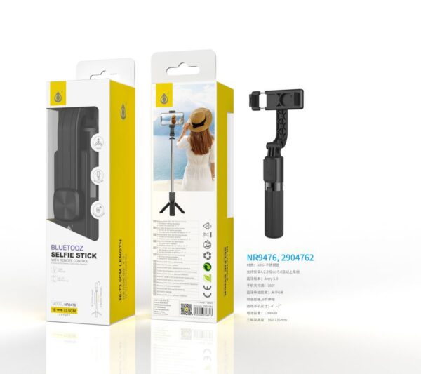 Palo Selfie NR9476 NE Palo Selfie con Tripode flexible 360°, Bluetooth Incluye mando, Para movil 4-7 Pulgadas, Bateria 120mAh, 16-73.5CM, Negro