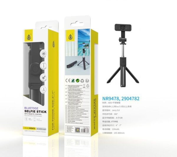 Palo Selfie NR9478 NE Palo Selfie con Tripode flexible 360°, Bluetooth Incluye mando, Para movil 4-7 Pulgadas, Bateria 120mAh, 19.5-80CM, Negro