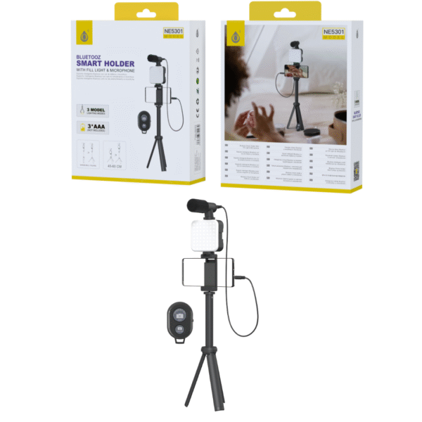 Palo Selfie 3 en 1 NE5301 Palo Selfie plegable con mando Bluetooth, luz y microfono 3.5mm, 3 modos de luz, 45-60CM, Bateria AAA*3(No incluido), Negro - Imagen 2