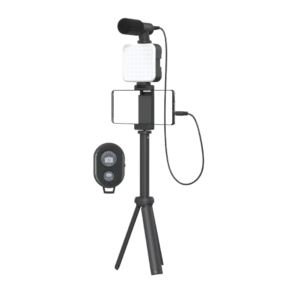 Palo Selfie 3 en 1 NE5301 Palo Selfie plegable con mando Bluetooth, luz y microfono 3.5mm, 3 modos de luz, 45-60CM, Bateria AAA*3(No incluido), Negro