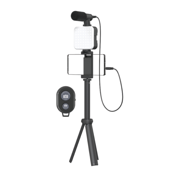 Palo Selfie 3 en 1 NE5301 Palo Selfie plegable con mando Bluetooth, luz y microfono 3.5mm, 3 modos de luz, 45-60CM, Bateria AAA*3(No incluido), Negro