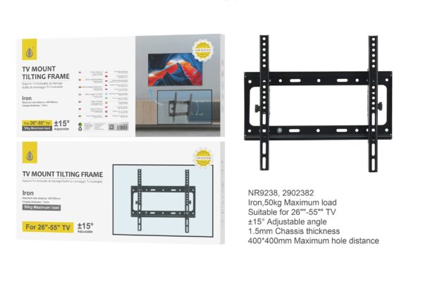 Soporte TV NR9238 NE Soporte Fijo de Montaje en Pared para TV de 26"-55", Iron, Angulo Ajustable ?5? Max 50Kg, 40x40cm, Negro
