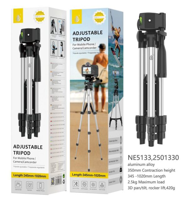 Tripode NE5133 NE Tripode Aluminio para Moviles, Camaras y Videocamaras, 360 grados Extensible (34.5cm - 120cm), Negro