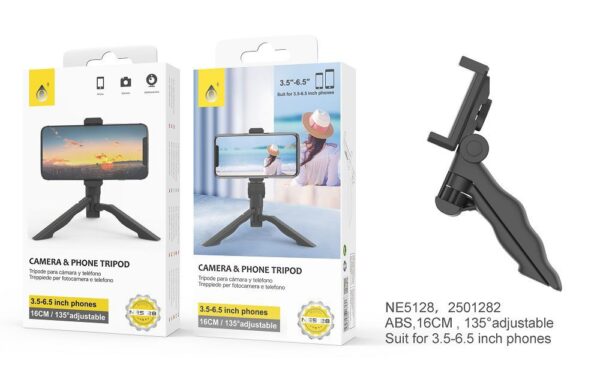 Tripode NE NE5128 Tripode Para Camara Y Movil ,135° Ajustable para Moviles de 3,5-6,5 Pulgadas,Altura 16 CM,Negro