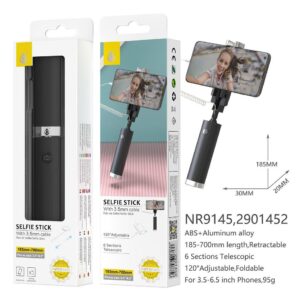 Palo Selfie NR9145 NE Palo Selfie Universal con Cable de Jack 3.5mm, Compatible con Moviles de 3.5 - 6.5 Pulgadas, Longitud de 18.5cm-70cm, Negro
