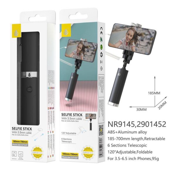 Palo Selfie NR9145 NE Palo Selfie Universal con Cable de Jack 3.5mm, Compatible con Moviles de 3.5 - 6.5 Pulgadas, Longitud de 18.5cm-70cm, Negro