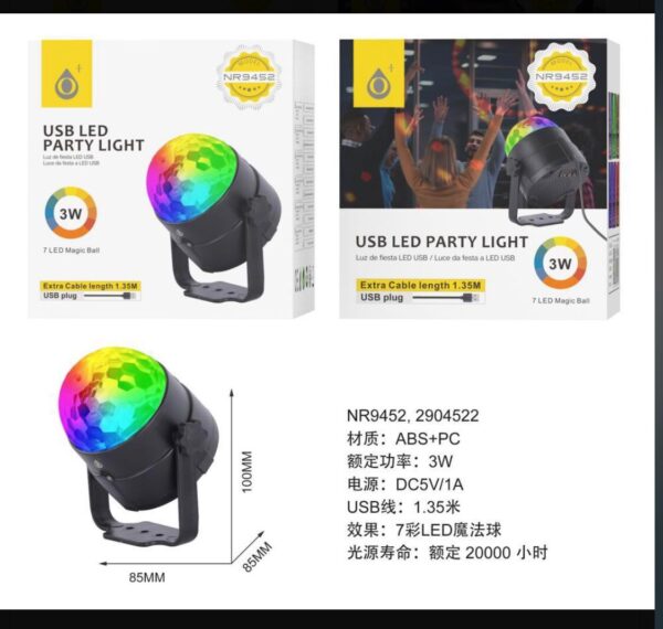 Luz Led NR9452 NE Luces de Fiesta, Luz LED con 7 colores, 3W, Con cable USB 1.35M, Negro