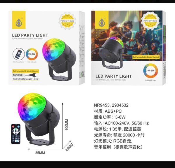 Luz Led NR9453 NE Luces de Fiesta,  Luz LED RGB y Control de sonido, Incluye mando a distancia 3-6W, Con cable  1.35M, Negro