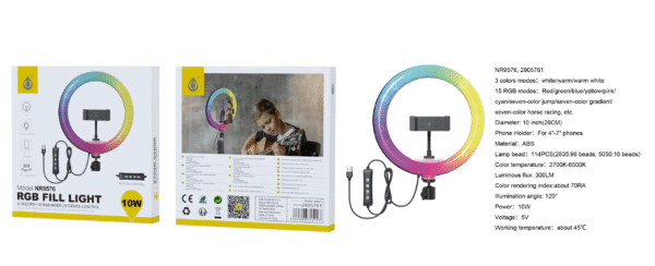 Aro de Luz NR9576  NE Anillo de Luz con soporte de movil, Arco 10 Pulgadas Luz RGB 2700-6500K/300LM/114 luces, para movil 4-7 pulgadas, Negro - Imagen 2