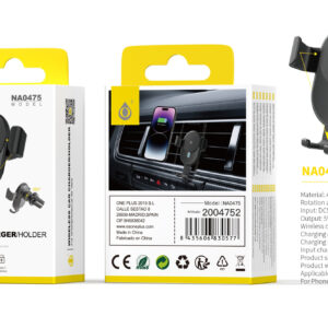 Soporte con Cargador Inalambrico NA0475 NE Soporte universal de movil para Airvent de coche, Soporta Carga Inalambrica 15W,para movil 4.5-7 pulgadas, Negro