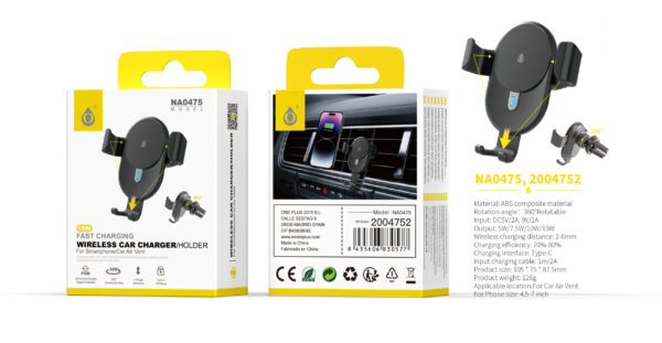 Soporte con Cargador Inalambrico NA0475 NE Soporte universal de movil para Airvent de coche, Soporta Carga Inalambrica 15W,para movil 4.5-7 pulgadas, Negro
