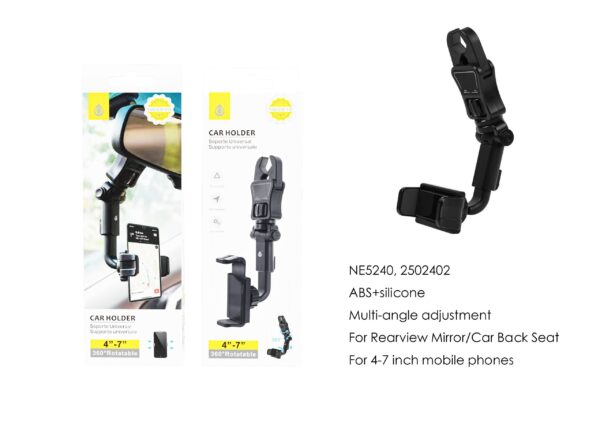 Soporte de Coche Tablet NE5240 NE Soporte Universal de Movil para espejo retrovisor y Reposacabezas del coche, 4-7Pulgadas, Negro
