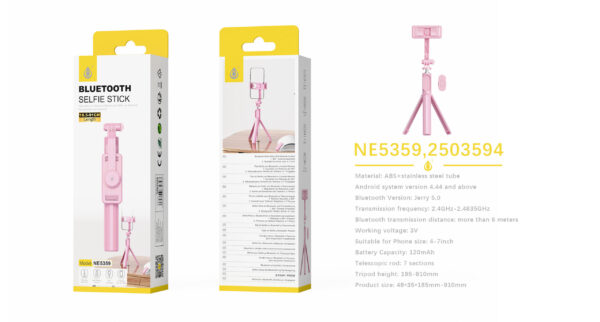 Palo Selfie Tripode NE5359 RS Palo Selfie Tripode con Bluetooth brazo plegable 19.5-91cm Para movil 4-7 Pulgadas, Rosa