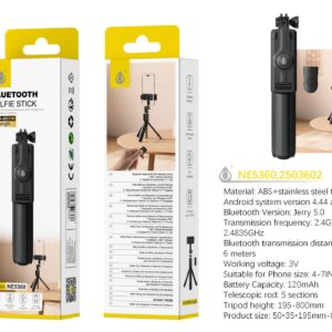 Palo Selfie Tripode NE5360 NE Palo Selfie Tripode con Bluetooth brazo plegable 19.5-80cm  Para movil 4-7 Pulgadas, Negro