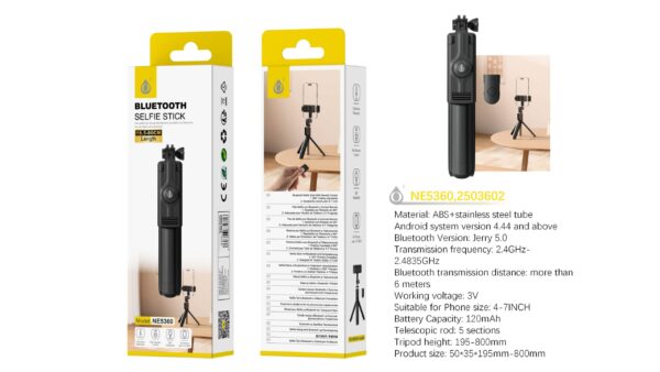 Palo Selfie Tripode NE5360 NE Palo Selfie Tripode con Bluetooth brazo plegable 19.5-80cm  Para movil 4-7 Pulgadas, Negro