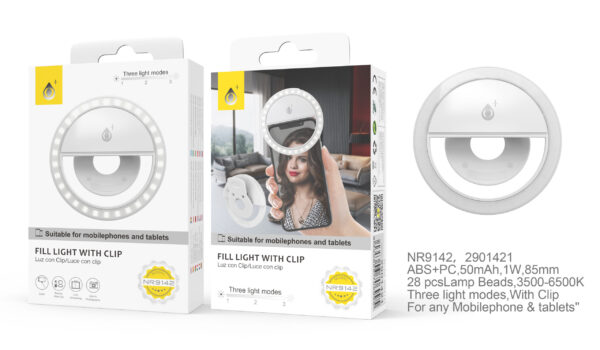 Aro de Luz  Anillo NR9142 BL Mini Anillo Luz LED con Clip Universal para Moviles, 3 Niveles de Brillo, Blanco