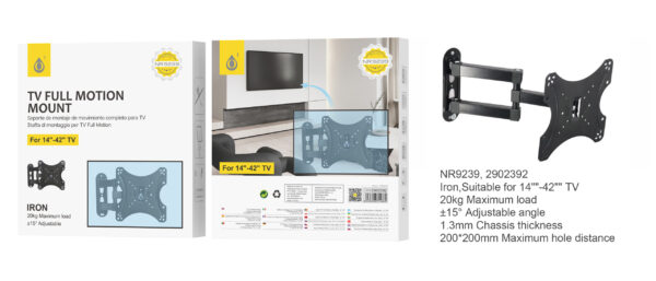 Soporte TV NR9239 NE Soporte de Montaje de Movimiento para TV para 14"-42", Iron, Angulo Ajustable ?5? Max 20kg, 20x20cm, Negro