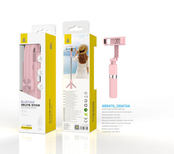 Palo Selfie NR9476 RS Palo Selfie con Tripode flexible 360°, Bluetooth Incluye mando, Para movil 4-7 Pulgadas, Bateria 120mAh, 16-73.5CM, Rosa
