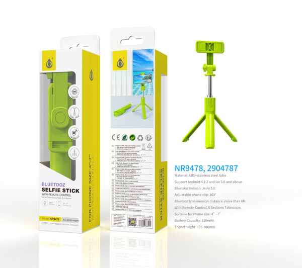 Palo Selfie NR9478 VE Palo Selfie con Tripode flexible 360°, Bluetooth Incluye mando, Para movil 4-7 Pulgadas, Bateria 120mAh, 19.5-80CM, Verde