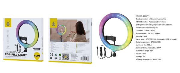 Aro de Luz NR9577  NE Anillo de Luz con soporte de movil, Arco 13 Pulgadas Luz RGB 2700-6500K/700LM/170 luces, para movil 4-7 pulgadas, Negro - Imagen 3